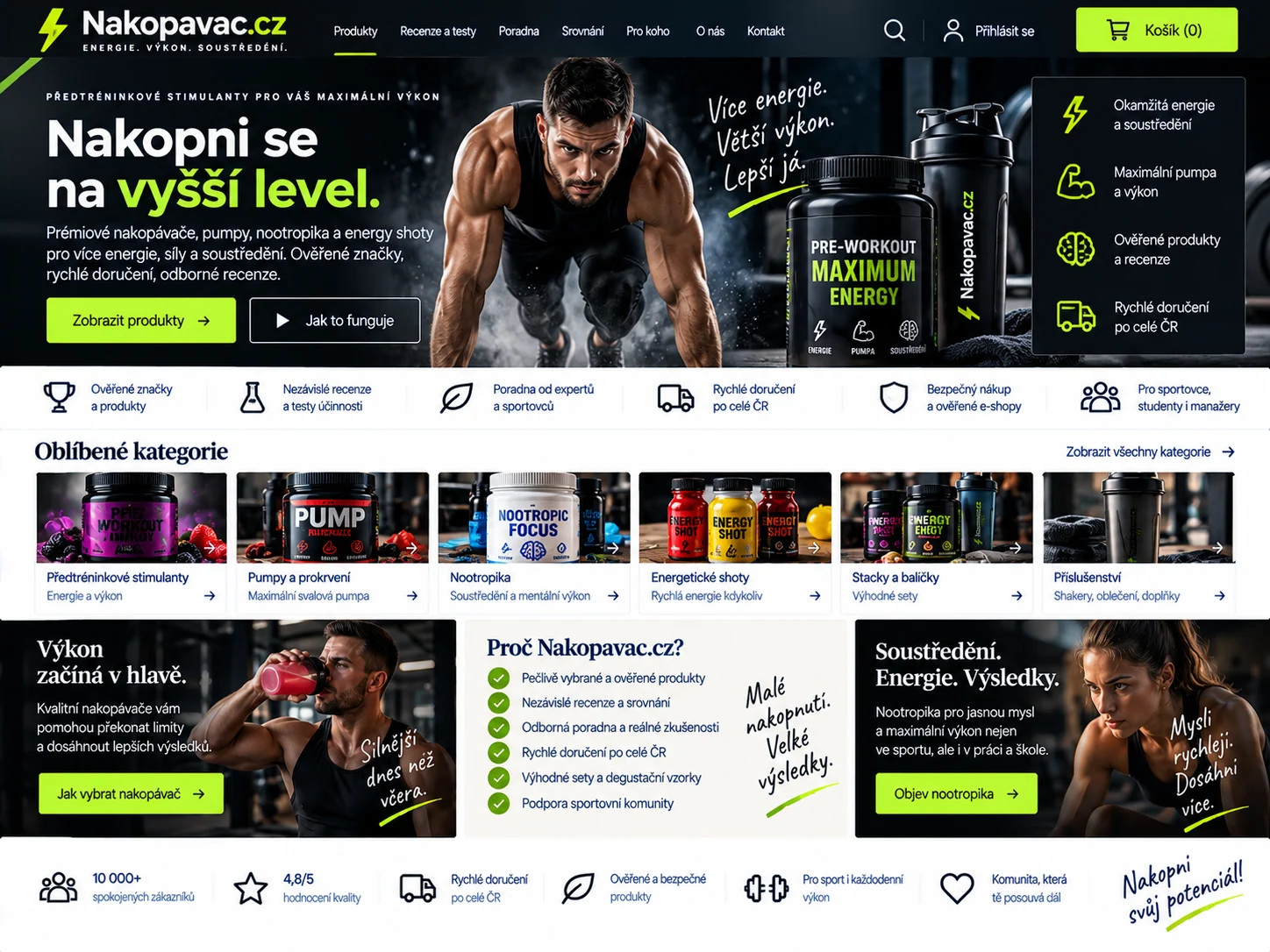 Ilustrační návrh Nakopavac.cz jako fitness obchodu a obsahového portálu s předtréninkovými doplňky a průvodcem složením
